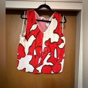 Nine West Red and Cream Abstract V-Neck Drawstring Camisole